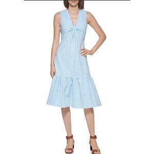 Calvin Klein Women’s Blue Gingham  Sleeveless Front Knot Midi Dress size 10 NWT